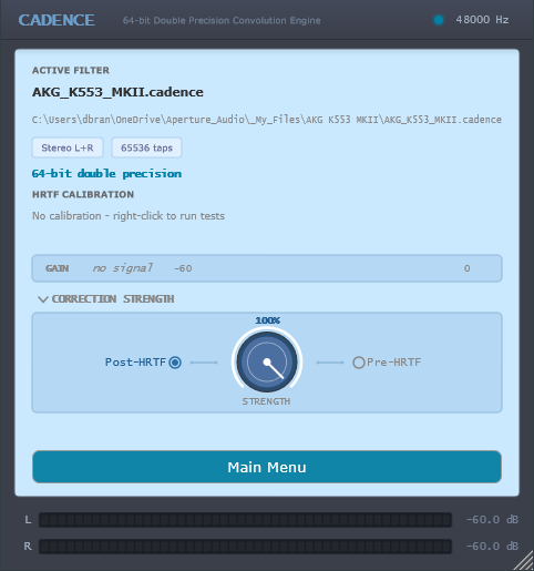 Correction filter loaded, strength at 100%, processor active