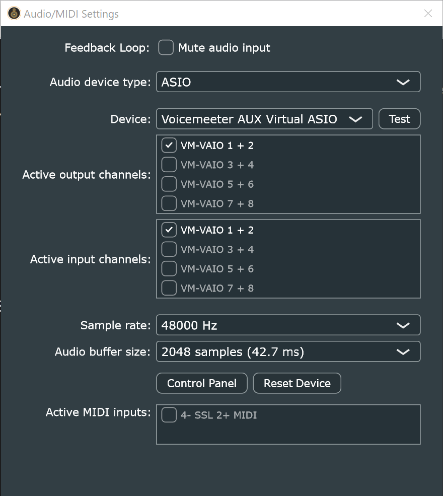 Coda configured with the Voicemeeter AUX Virtual ASIO device