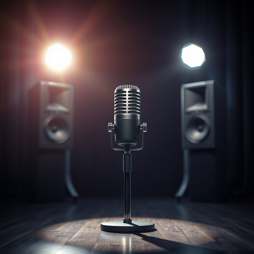 A stage-lit measurement microphone centered in the frame