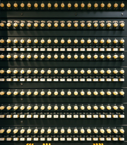 A switchboard with rows and columns of patch cables